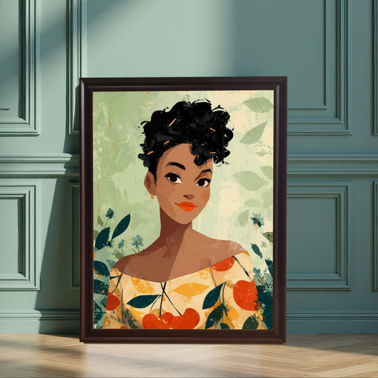Vertical image of a framed art print featuring a woman with dark curly hair and orange lipstick, wearing a yellow top with a cherry pattern, against a distressed green background. The print is in a dark frame, leaning against a teal paneled wall.