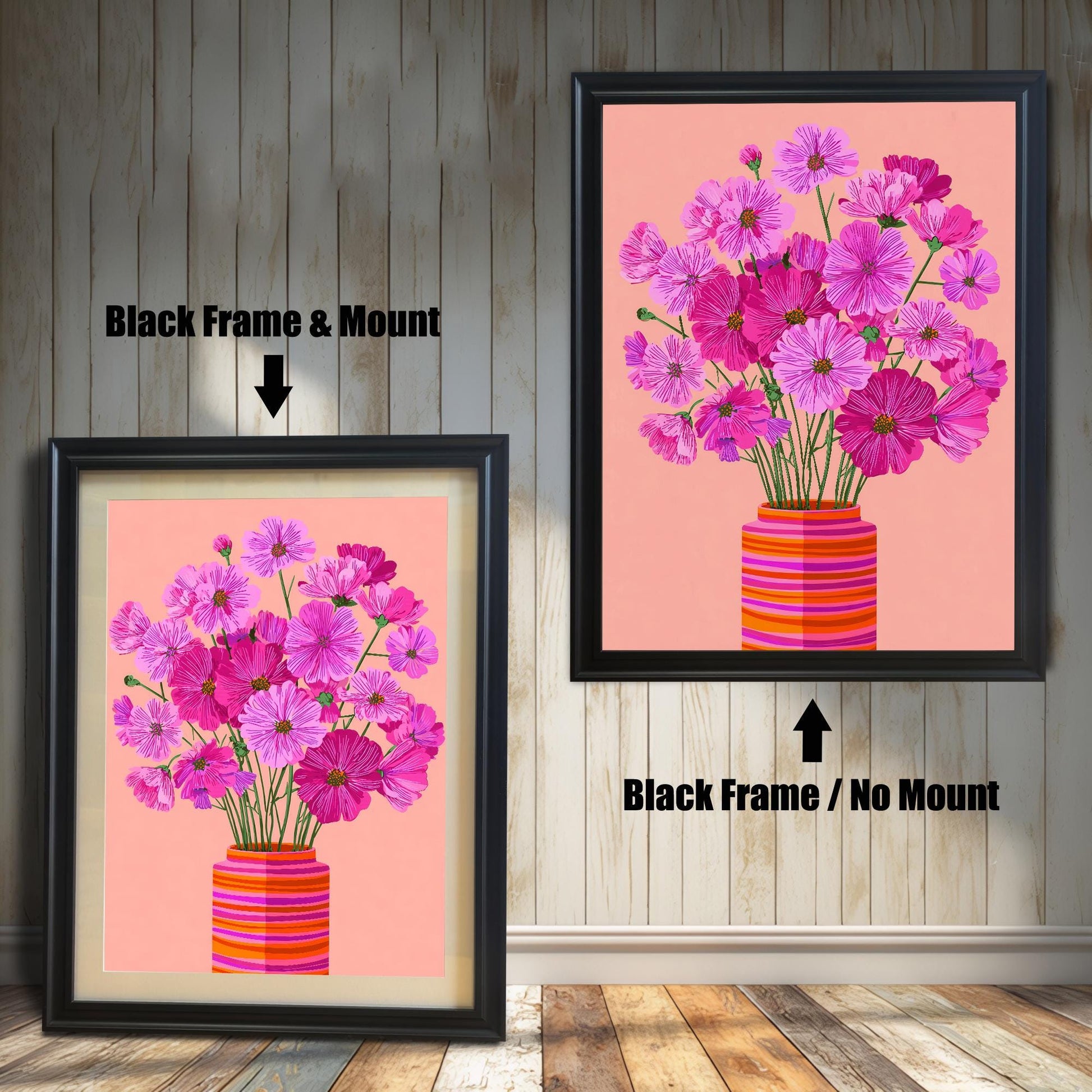 Comparison image showing the Cosmos flower print with a Black Frame & Mount (matting) on the left, and a Black Frame / No Mount on the right, against a wooden paneled wall.