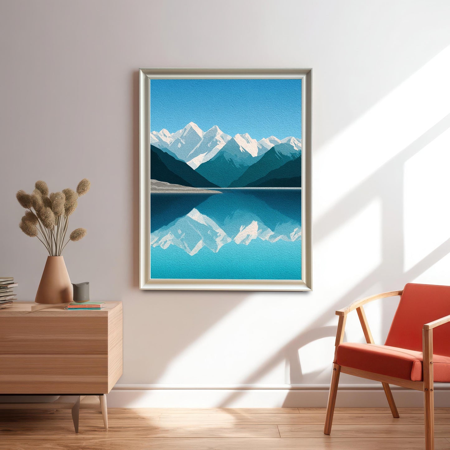 Wood Framed Minimalist Snowy Mountain Lake Art Giclée Print
