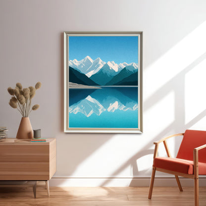 Wood Framed Minimalist Snowy Mountain Lake Art Giclée Print