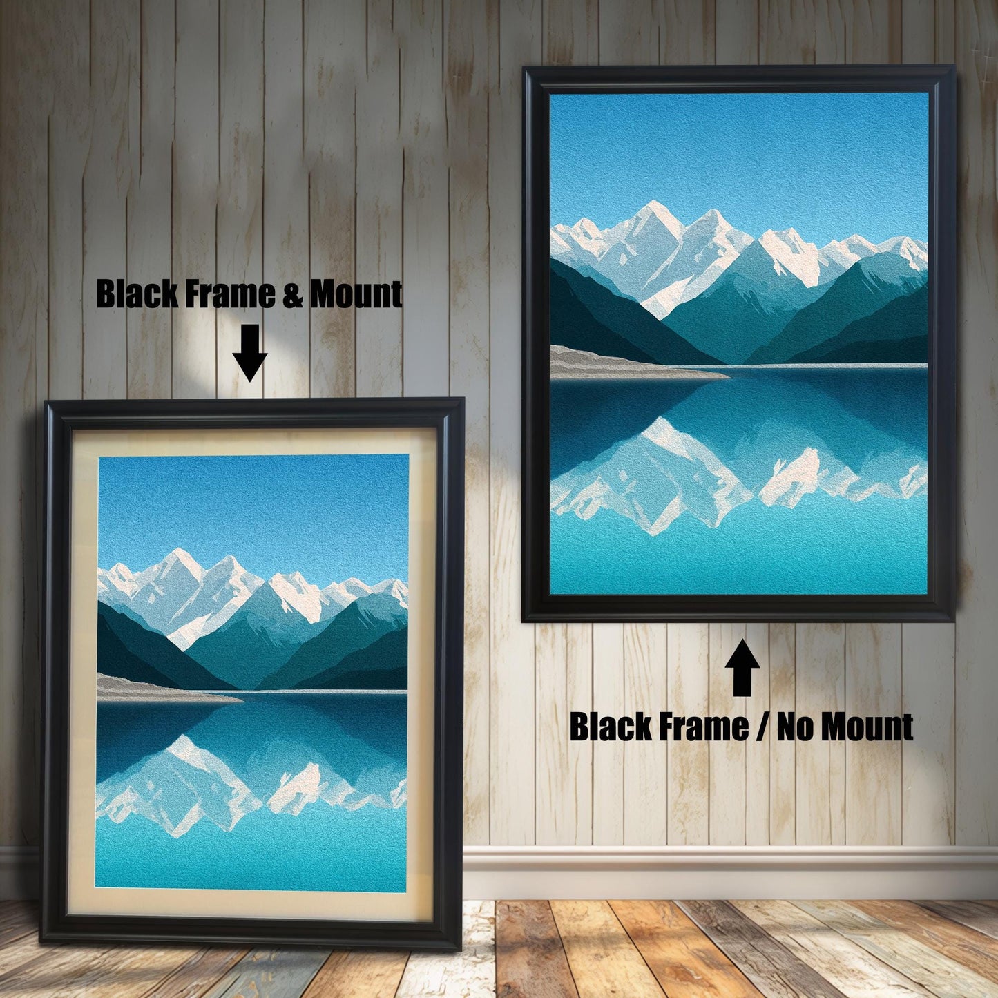 Wood Framed Minimalist Snowy Mountain Lake Art Giclée Print