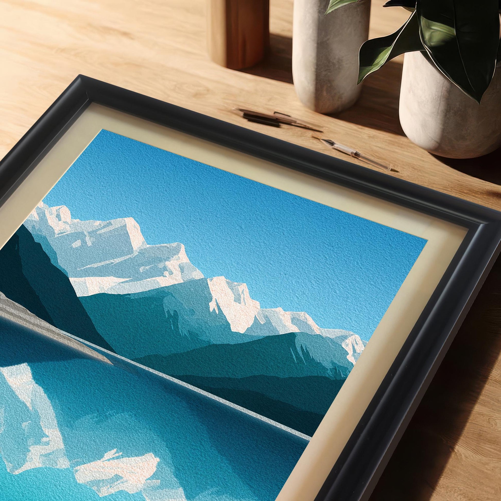 Wood Framed Minimalist Snowy Mountain Lake Art Giclée Print
