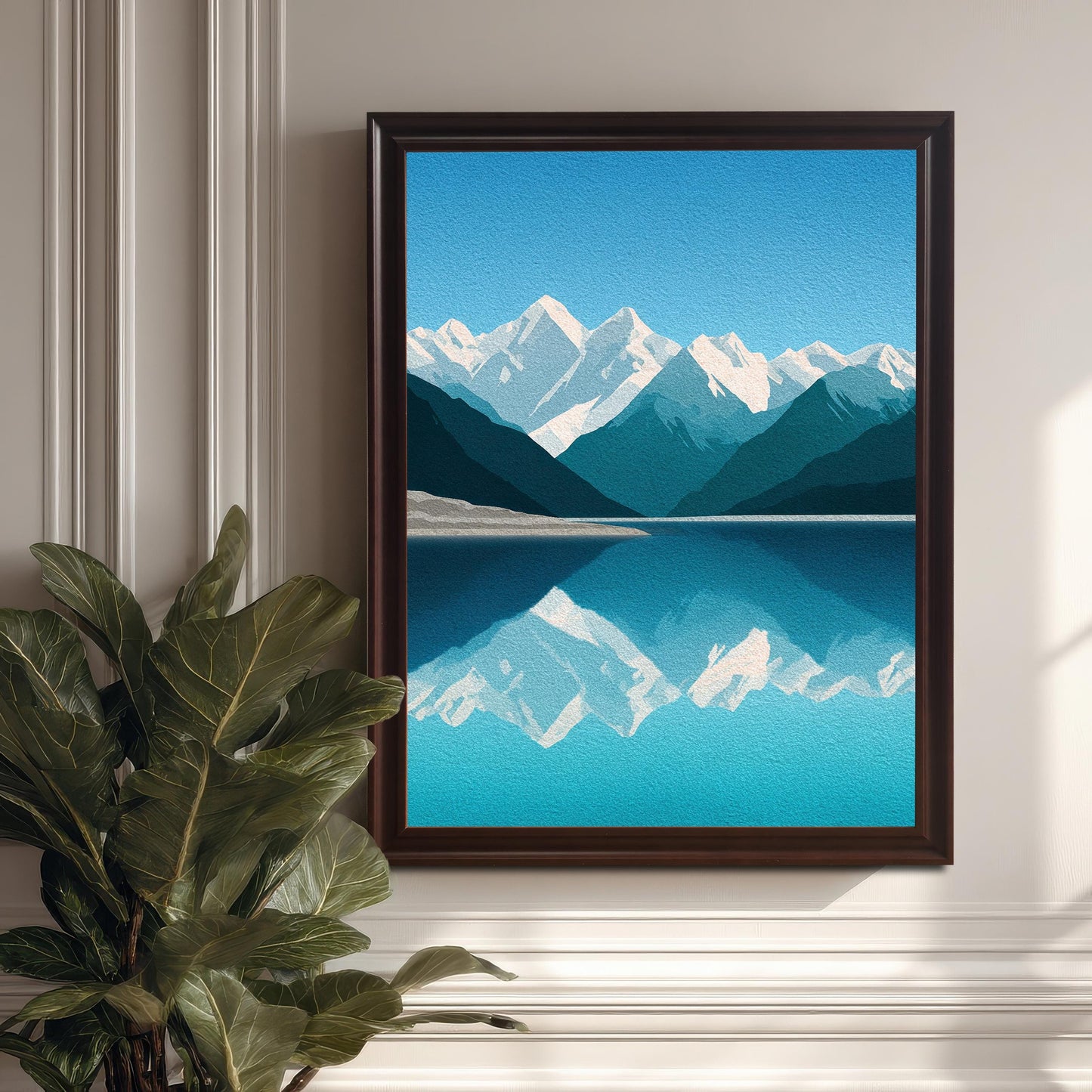 Wood Framed Minimalist Snowy Mountain Lake Art Giclée Print