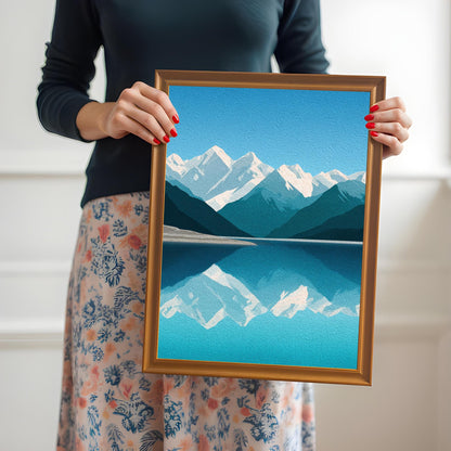 Wood Framed Minimalist Snowy Mountain Lake Art Giclée Print