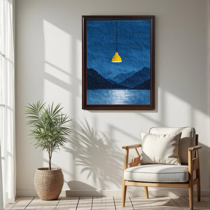 The dark blue rainy landscape art print in a dark brown/coffee frame, hanging on a white wall. The art is centered above a white armchair and next to a large window with sheer curtains. A potted plant in a wicker basket is also visible. Sunlight creates deep shadows on the floor and walls.
