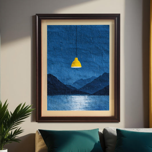 The dark blue rainy landscape art print in a dark brown/coffee frame, hanging on a beige wall above a bed. The room features a dark teal curtain on the left and a yellow curtain on the right, with teal throw pillows on the bed.
