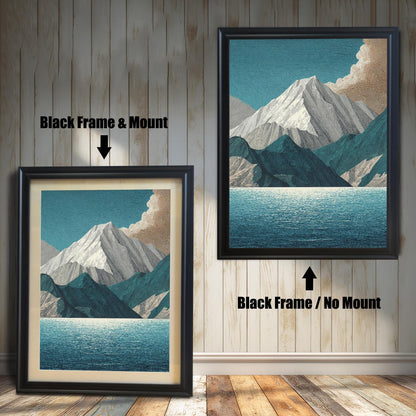A comparison image showing two framed art prints on a wooden wall. The print on the left is in a Black Frame & Mount (black frame with a light mat/passepartout). The print on the right is in a Black Frame / No Mount (black frame, no mat). Both feature the mountain and lake design.