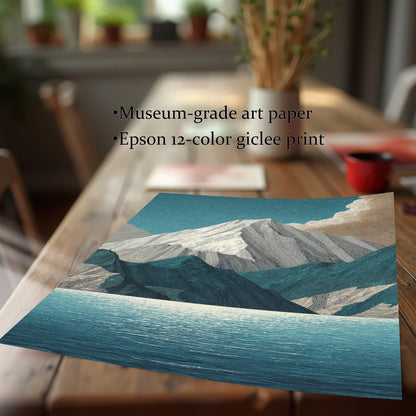 A close-up shot of the mountain and lake art print lying on a rustic wooden table. Text highlights the quality: Museum-grade art paper and Epson 12-color giclee print.