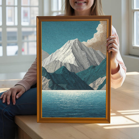 A woman seated near a window holds the framed art print of the mountain and lake design in front of her. The print is in an Orange (golden/bronze) frame. Only the lower half of her face and chest are visible.