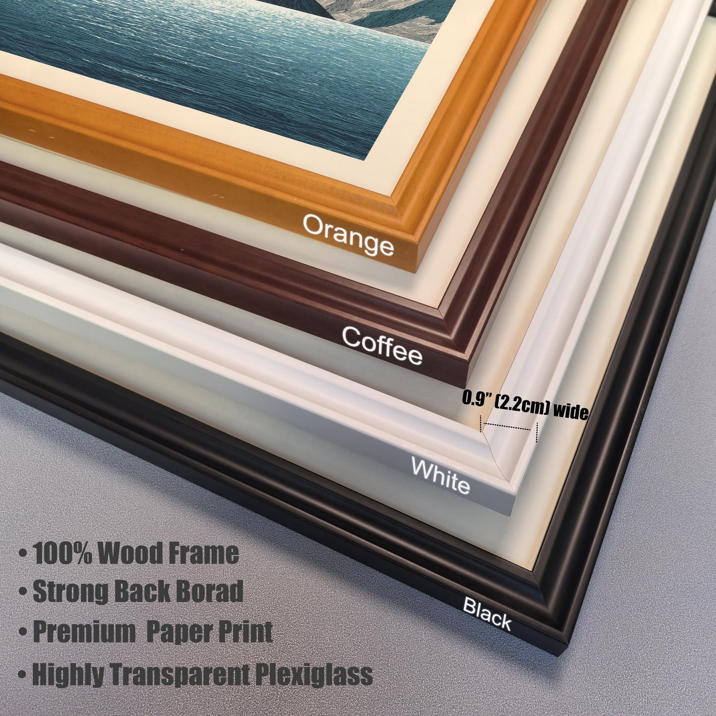 A stacked, close-up view of the four available frame colors: Orange, Coffee, White, and Black. The text notes the frame specifications: 0.9"" (2.2cm) wide, 100% Wood Frame, Strong Back Board, Premium Paper Print, and Highly Transparent Plexiglass.