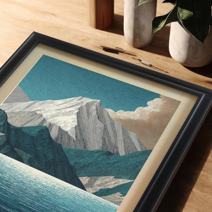 A close-up, high-angle view of the mountain and lake art print in a black frame with a light mat/mount, resting on a wooden desk or table. Art supplies (pencils) and potted plants are visible in the blurred background.