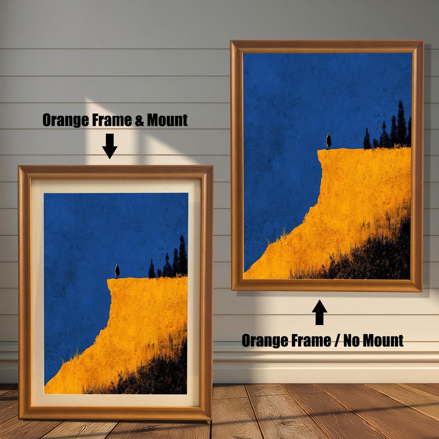Comparison image showing the Orange wood frame options: on the left, a framed cliff print with a mount/mat; on the right, the print in an Orange frame with no mount. Both on a white paneled wooden wall background.