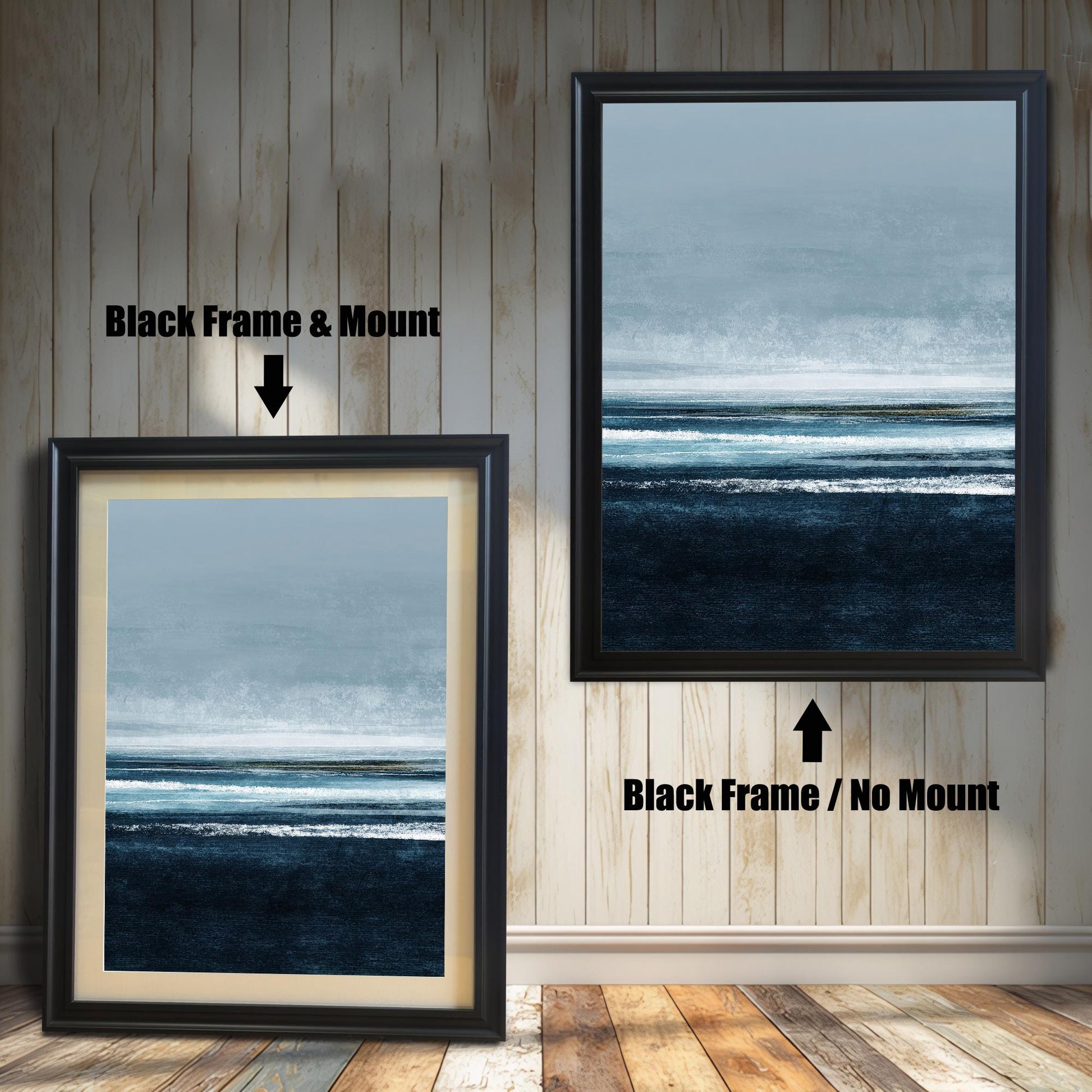 Comparison image showing the Black frame options: on the left, a framed seascape print with a cream-colored mount/mat; on the right, the print in a black frame with no mount. Both on a rustic wooden wall background.