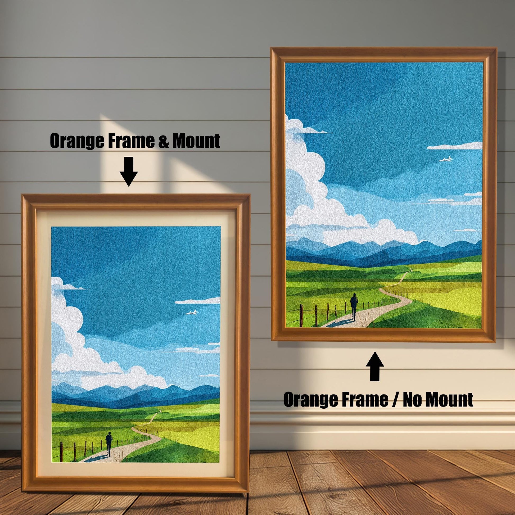 Comparison image showing the Orange wood frame options: on the left, a framed print with a mount/mat; on the right, the print in an Orange frame with no mount. Both on a white paneled wooden wall background.