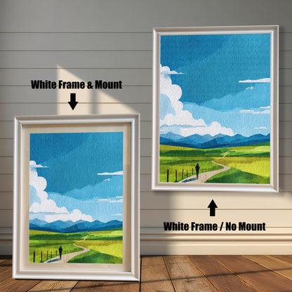 Comparison image showing the White frame options: on the left, a framed print with a mount/mat; on the right, the print in a white frame with no mount. Both on a white paneled wooden wall background.