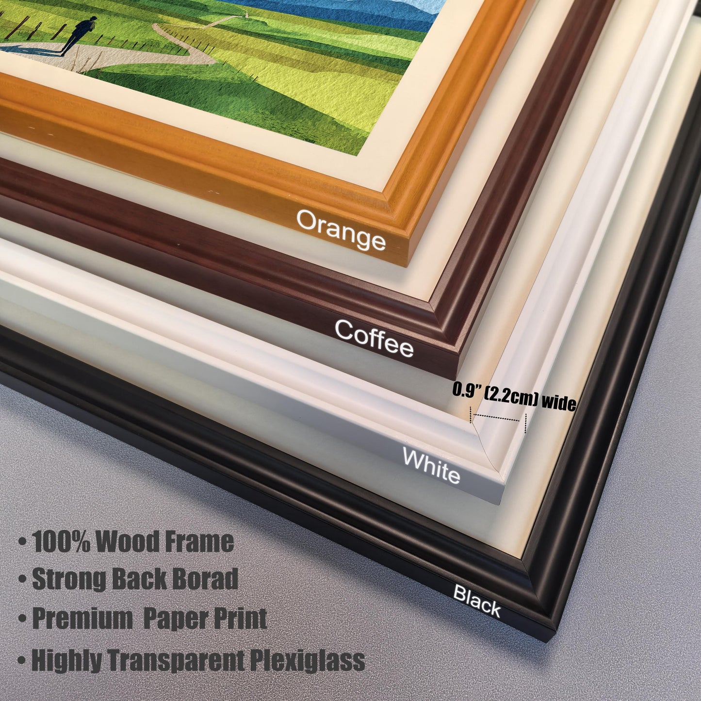 Close-up corner view showing the four wood frame colors: Orange (light brown), Coffee (dark brown), White, and Black. Text describes features: 100% Wood Frame, Strong Backboard, Premium Paper Print, Highly Transparent Plexiglass. Frame width is 0.9"" (2.2cm).