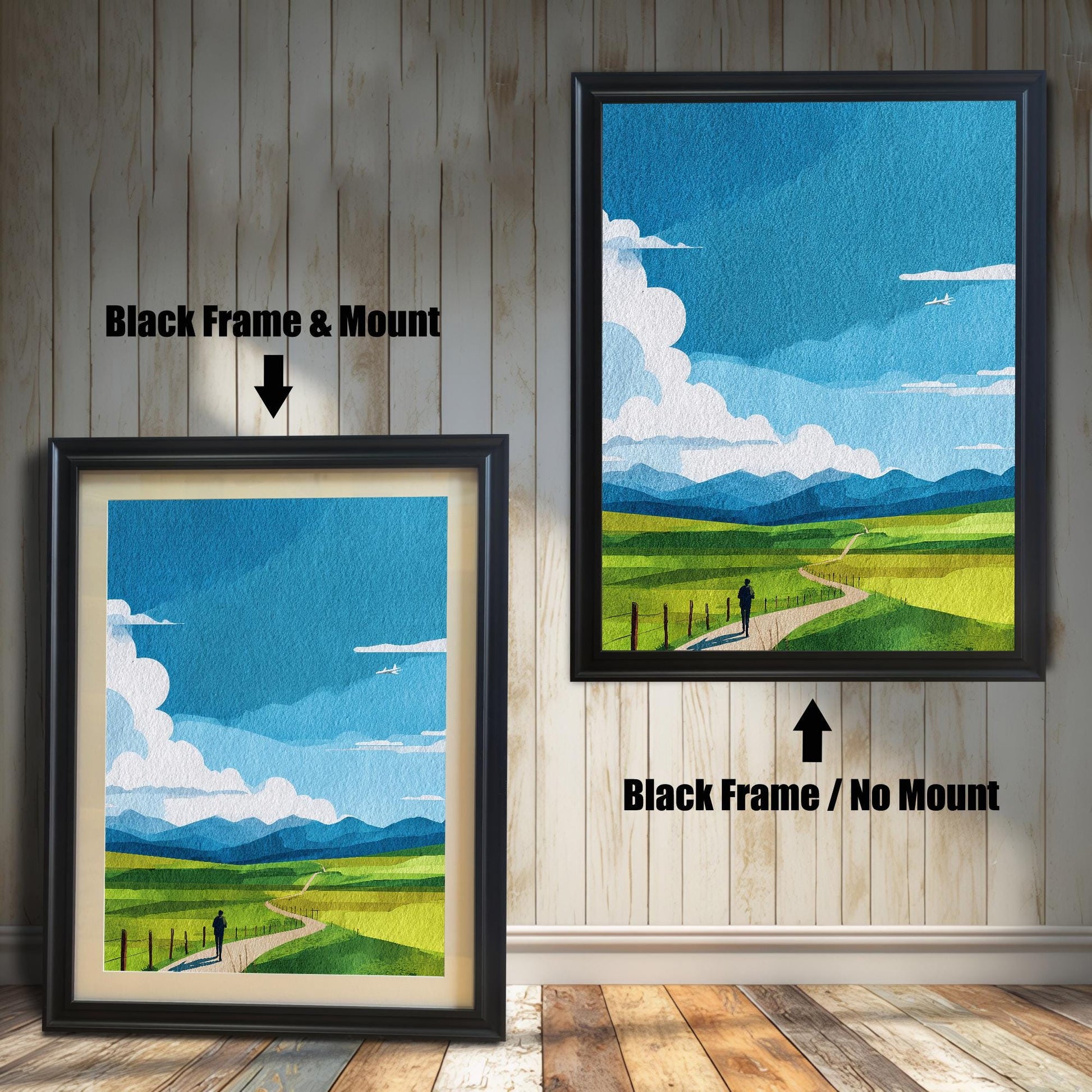 Comparison image showing the Black frame options for the landscape print: on the left, a framed print with a cream-colored mount/mat; on the right, the print in a black frame with no mount. Both on a rustic wooden wall background.