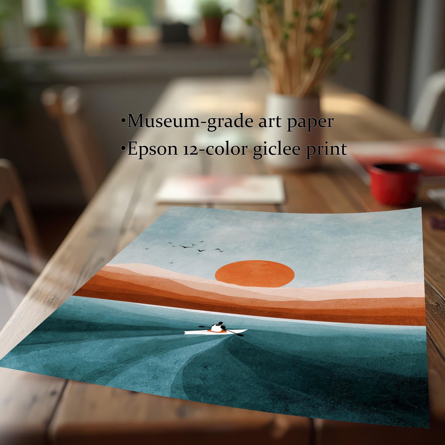 Detail image of the art print (unframed) on a wooden table, emphasizing the print quality. Text highlights: Museum-grade art paper and Epson 12-color giclee print.