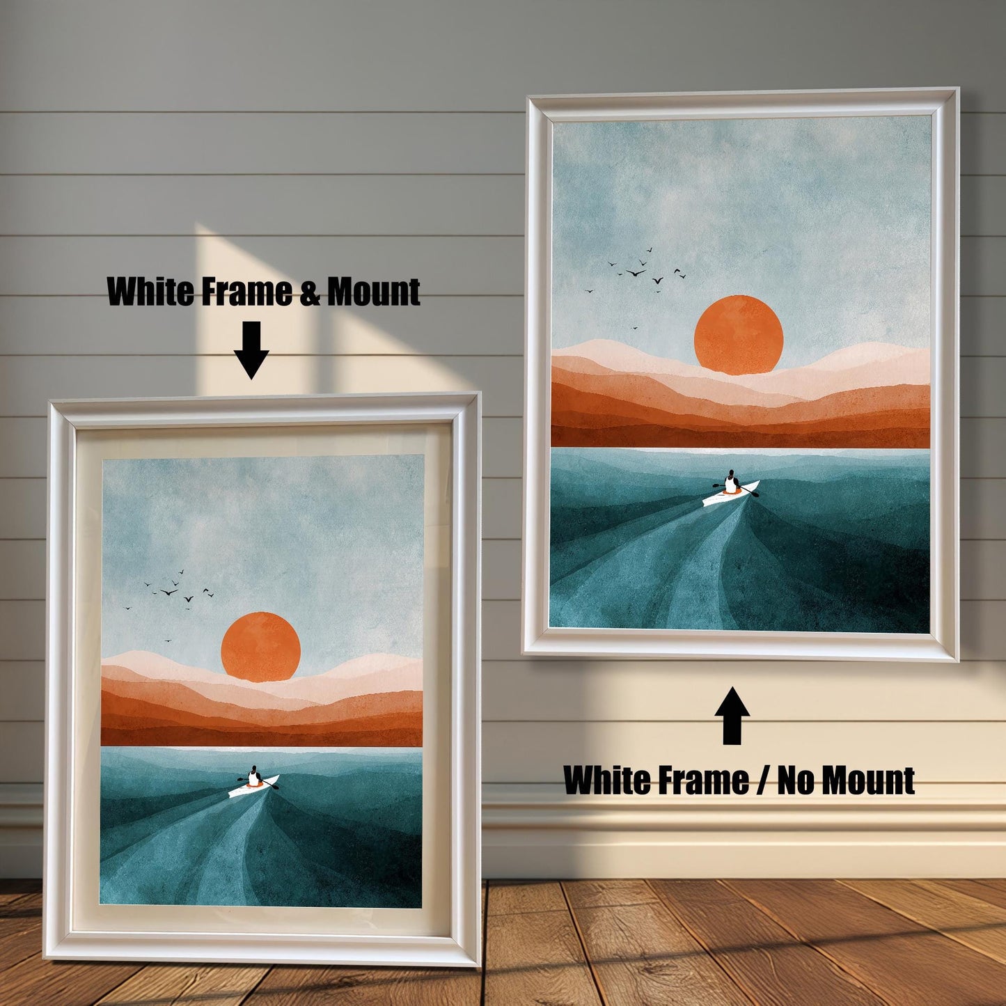 Comparison image showing the White frame options: on the left, a framed print with a mount/mat; on the right, the same print in a white frame with no mount. Both on a paneled wooden wall background.