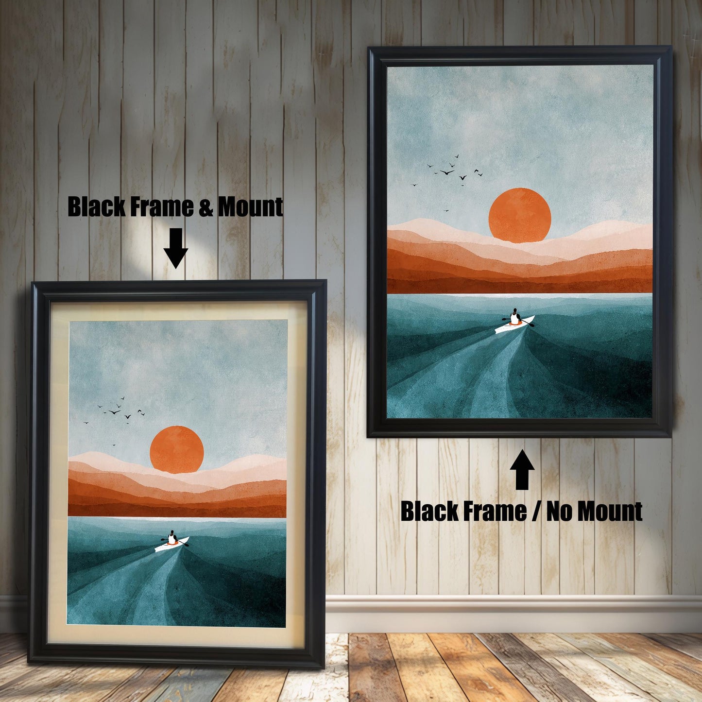 Comparison image showing the black frame options: on the left, a framed print with a cream-colored mount/mat; on the right, the same print in a black frame with no mount. Both on a rustic wooden wall background.