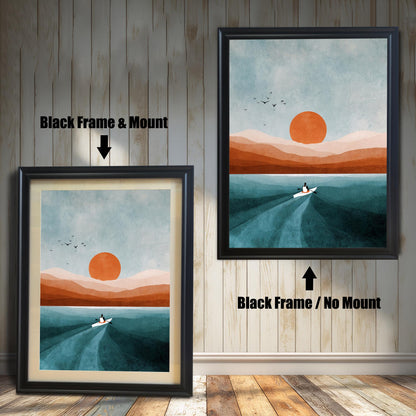 Comparison image showing the black frame options: on the left, a framed print with a cream-colored mount/mat; on the right, the same print in a black frame with no mount. Both on a rustic wooden wall background.