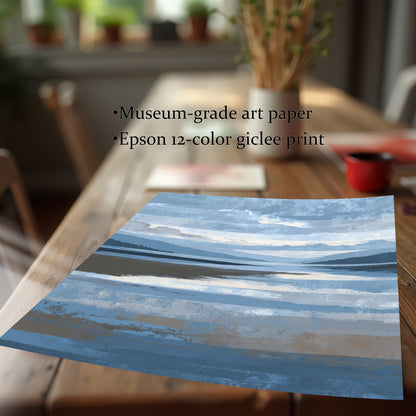A corner of the abstract landscape print, showing the print quality on a wooden table, with text overlay: Museum-grade art paper and Epson 12-color giclee print.