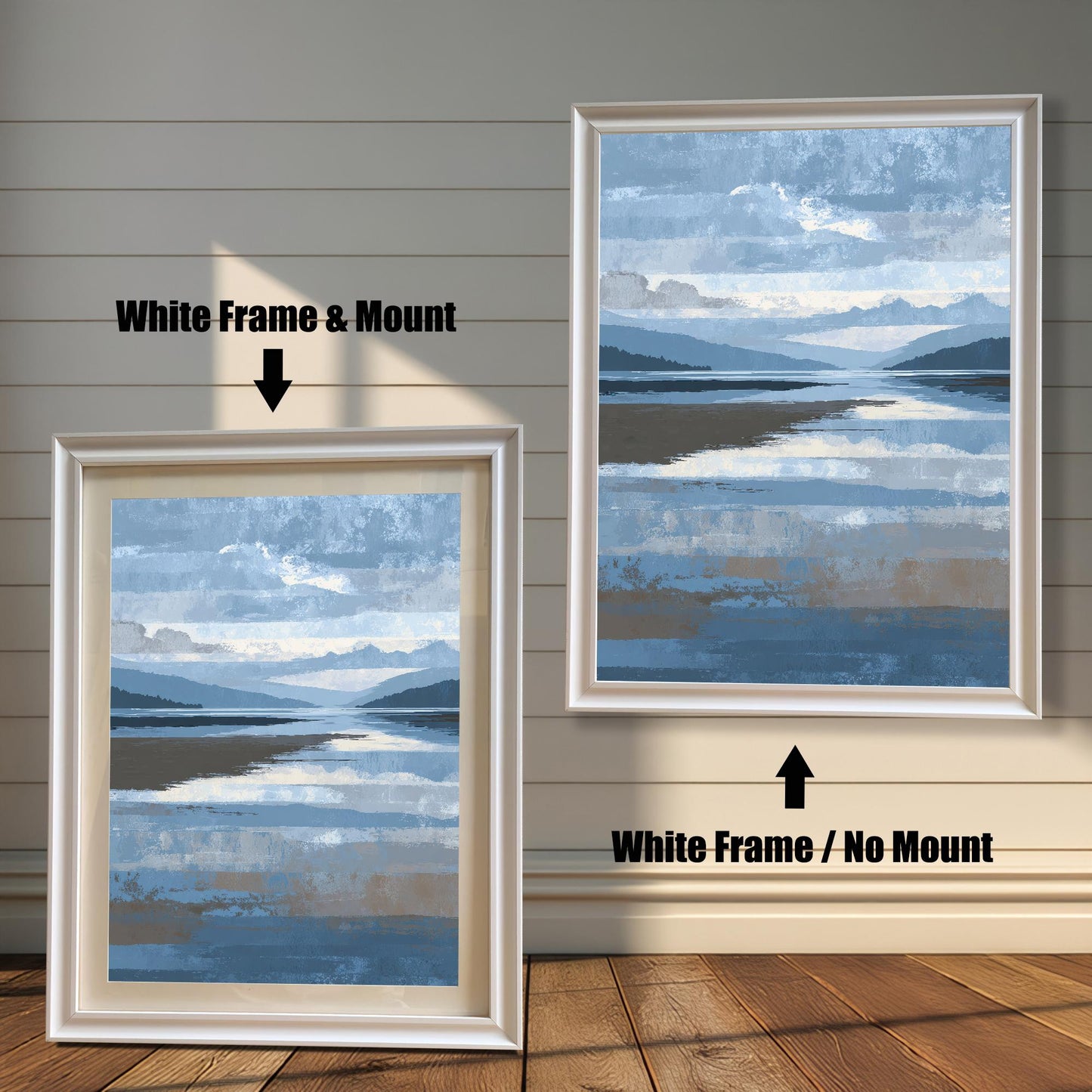 Comparison image showing the abstract landscape print in a White Frame with a light-colored Mount (matting) on the left, and the same print in a White Frame with No Mount on the right, against a white wooden wall.