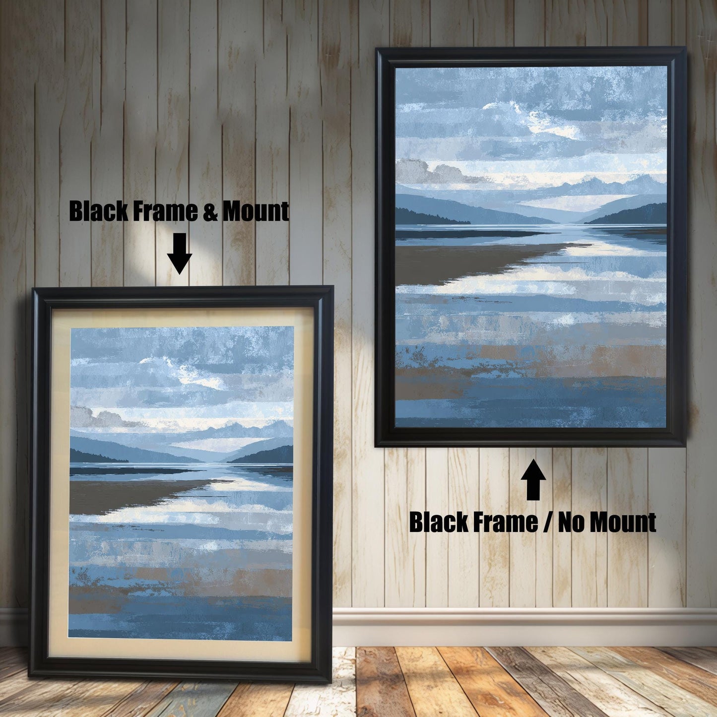 Comparison image showing the abstract landscape print in a Black Frame with a light-colored Mount (matting) on the left, and the same print in a Black Frame with No Mount on the right, against a white wooden wall.