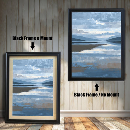 Comparison image showing the abstract landscape print in a Black Frame with a light-colored Mount (matting) on the left, and the same print in a Black Frame with No Mount on the right, against a white wooden wall.