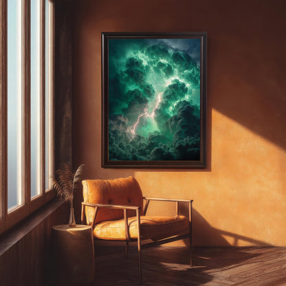 A framed art print of dramatic green and dark storm clouds with lightning hanging above an orange leather armchair next to a window in a room with warm, earthy tones. The frame is Coffee (dark brown)