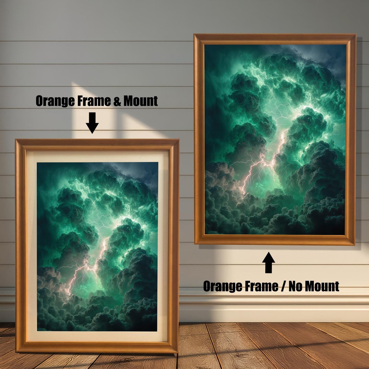 Two examples of the art print on a shiplap wall. The left print shows an Orange Frame & Mount (matting). The right print shows an Orange Frame / No Mount.