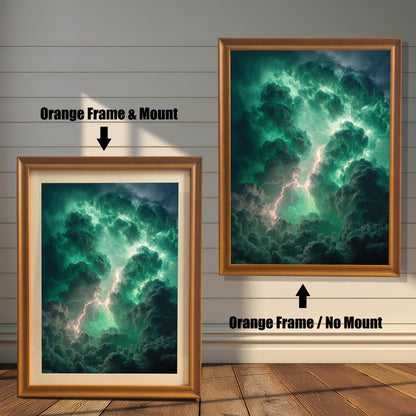 Two examples of the art print on a shiplap wall. The left print shows an Orange Frame & Mount (matting). The right print shows an Orange Frame / No Mount.