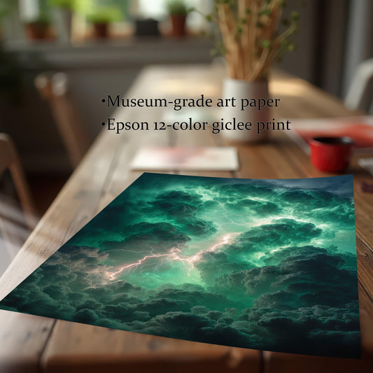 A close-up of a high-quality print of the green storm clouds art, resting on a rustic wooden table. Text highlights the quality: Museum-grade art paper and Epson 12-color giclee print.