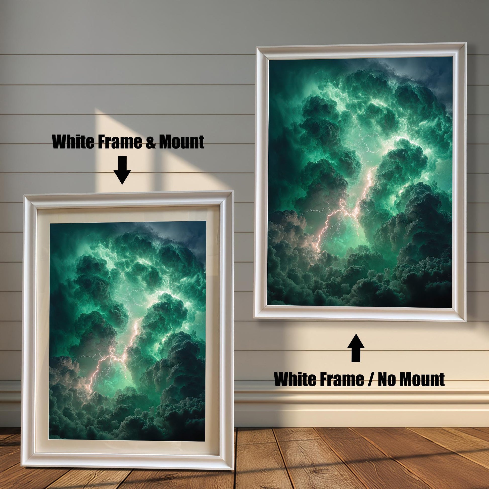 Two examples of the art print on a shiplap wall. The left print shows a White Frame & Mount (matting). The right print shows a White Frame / No Mount.
