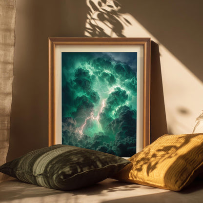 A framed art print of dramatic green and dark storm clouds with lightning resting on the floor, leaning against a wall, surrounded by green and gold-colored throw pillows. The frame is Orange (light brown wood color).