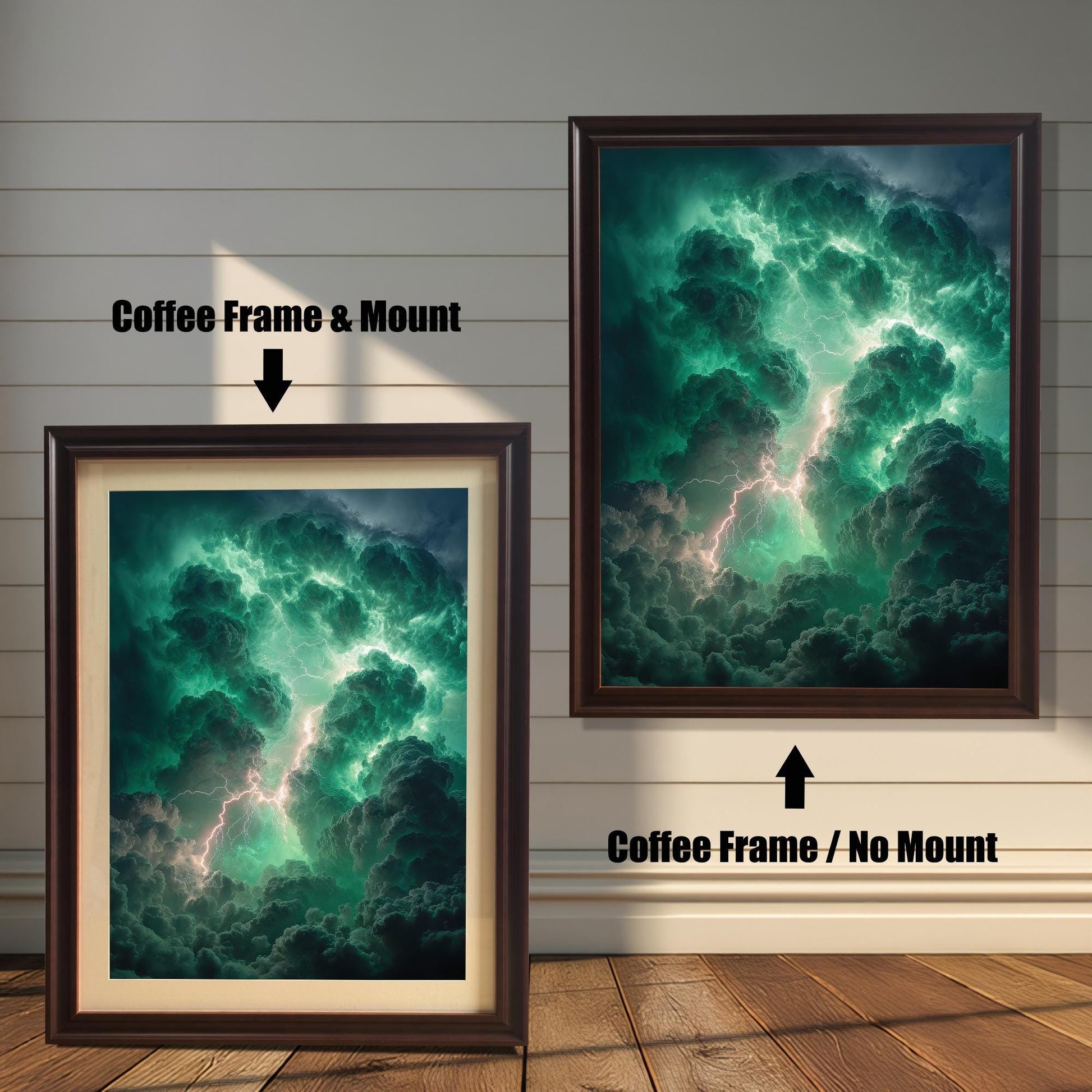 Two examples of the art print on a shiplap wall. The left print shows a Coffee Frame & Mount (dark brown frame with cream-colored matting). The right print shows a Coffee Frame / No Mount.