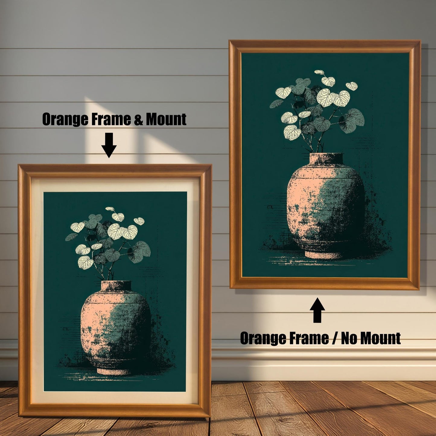 Two examples of the vase art print on a shiplap wall. The left print shows an Orange Frame & Mount (matting). The right print shows an Orange Frame / No Mount.