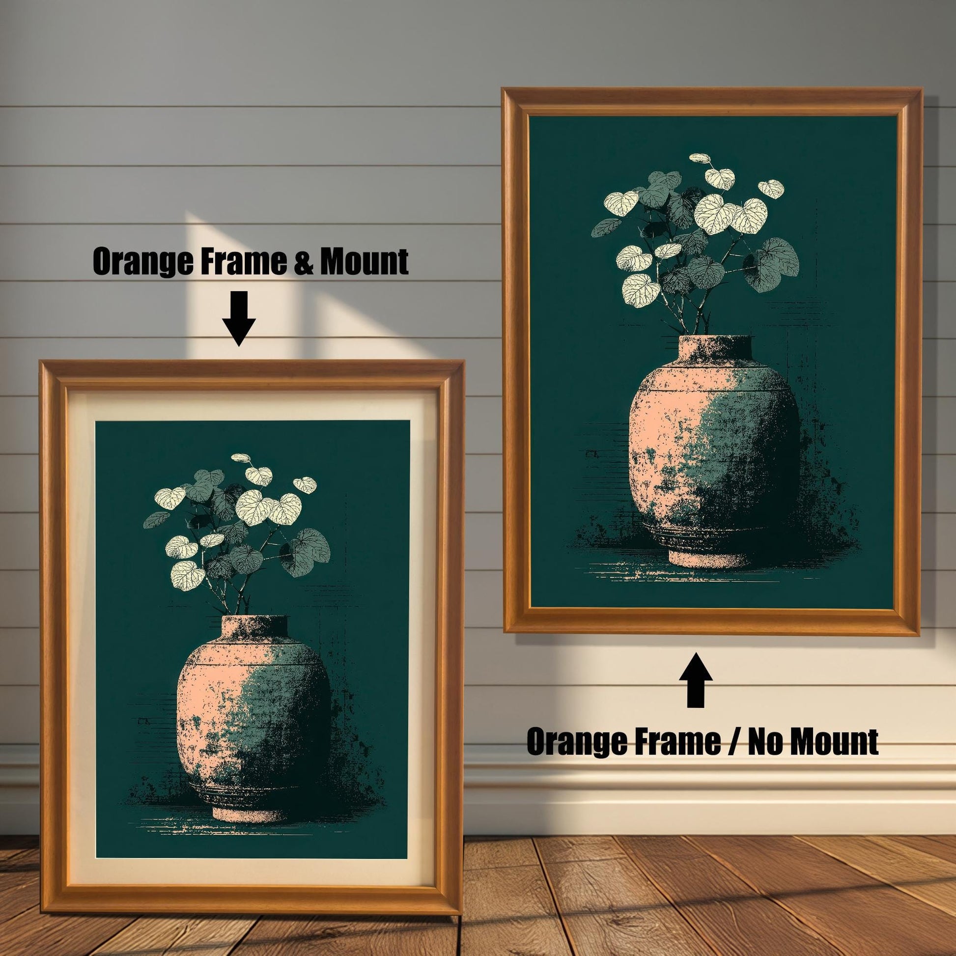 Two examples of the vase art print on a shiplap wall. The left print shows an Orange Frame & Mount (matting). The right print shows an Orange Frame / No Mount.