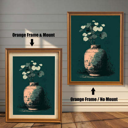 Two examples of the vase art print on a shiplap wall. The left print shows an Orange Frame & Mount (matting). The right print shows an Orange Frame / No Mount.