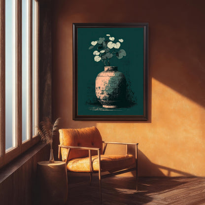 A framed art print of an illustration featuring a pink-hued distressed vase with pale leaves/foliage on a dark teal background. The print hangs above an orange leather armchair next to a window in a room with warm, earthy tones. The frame is Coffee (dark brown).