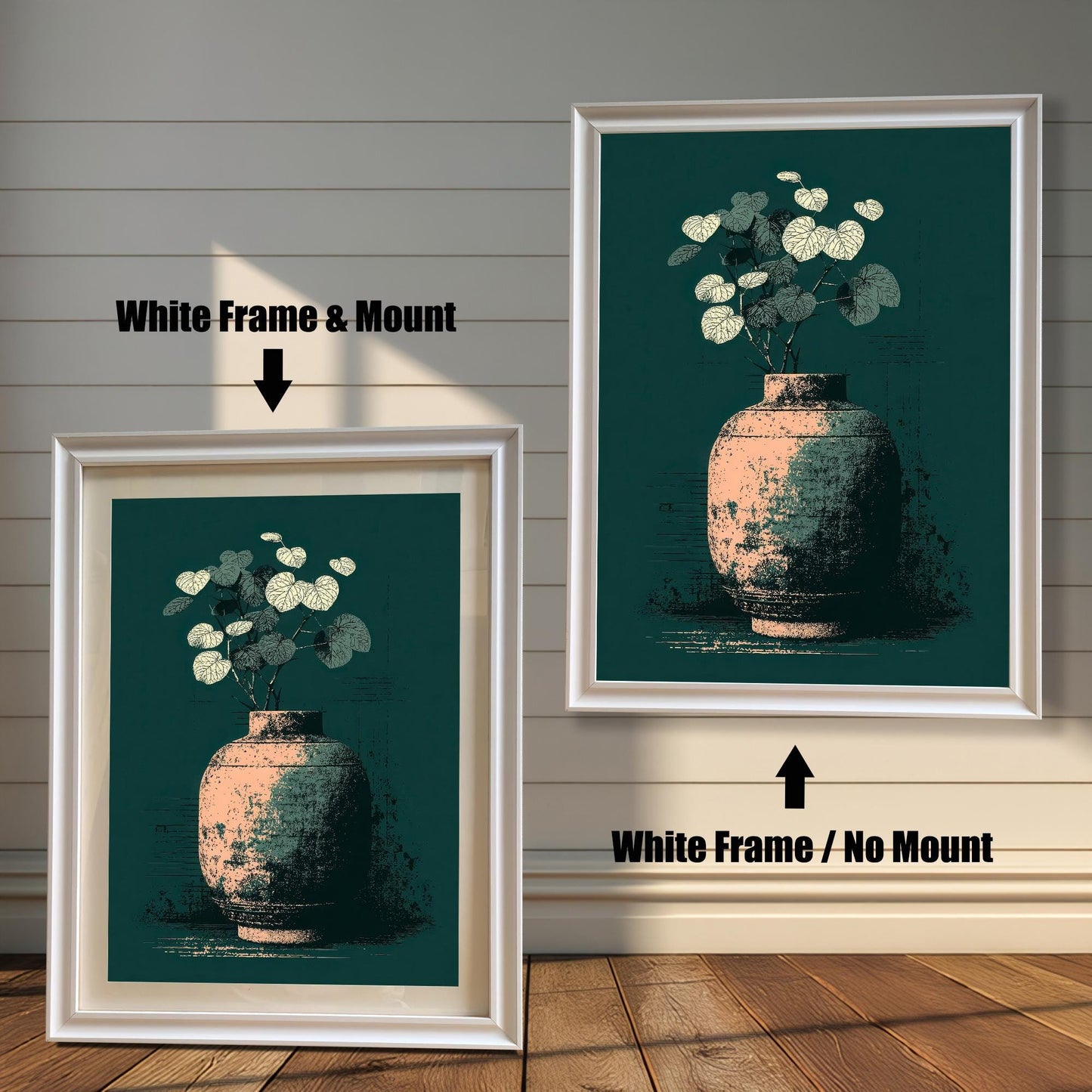 Two examples of the vase art print on a shiplap wall. The left print shows a White Frame & Mount (matting). The right print shows a White Frame / No Mount.