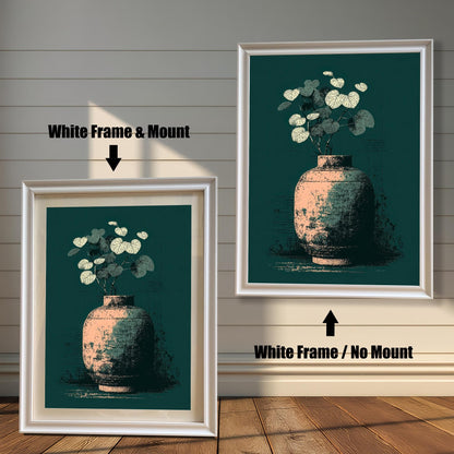 Two examples of the vase art print on a shiplap wall. The left print shows a White Frame & Mount (matting). The right print shows a White Frame / No Mount.
