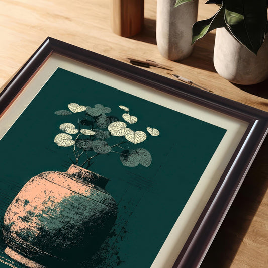 A close-up, angled view of the framed art print of the vase and leaves illustration resting on a wooden desk. The frame is Coffee (dark brown) with a cream-colored mat. The background shows neutral desk decor and a potted plant.