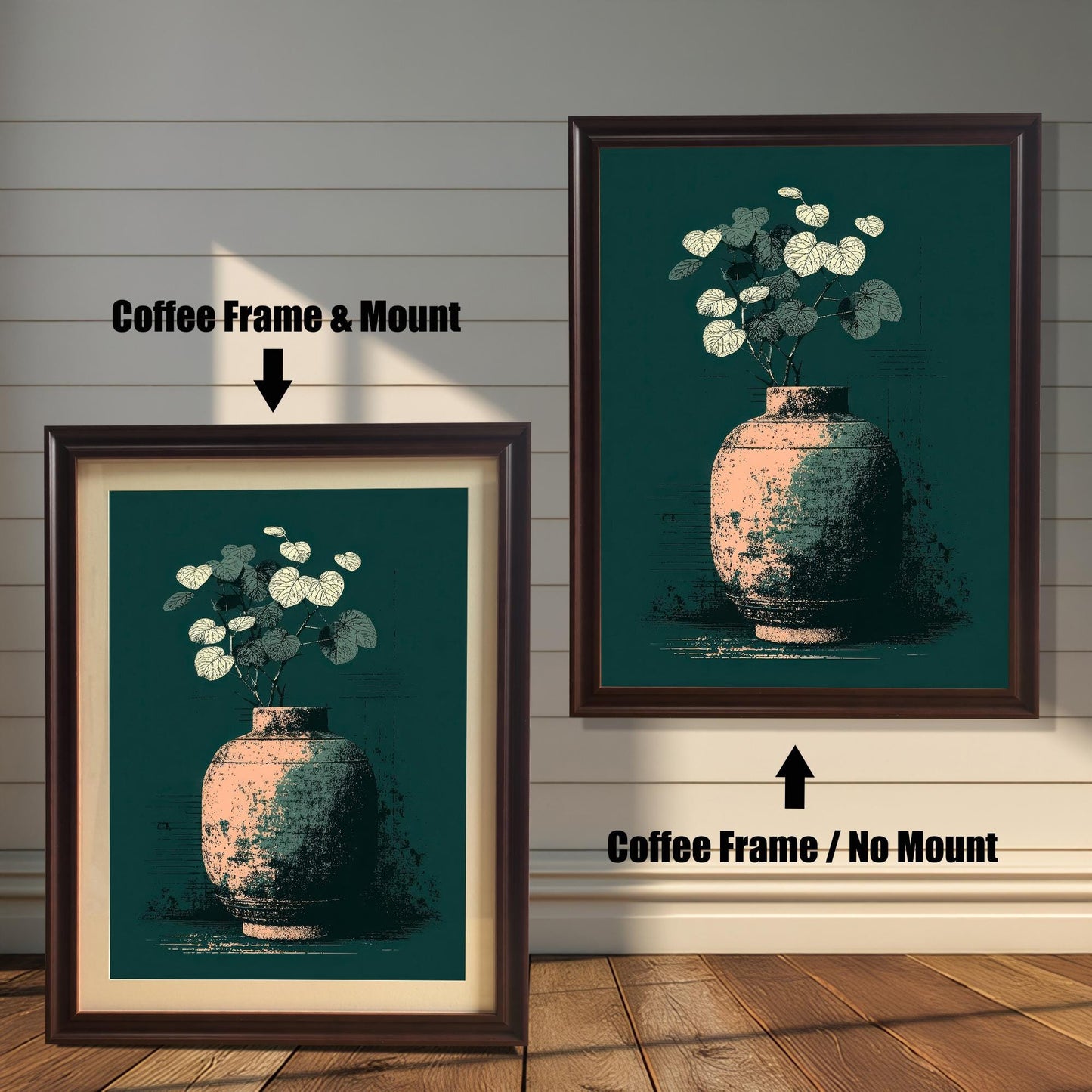 Two examples of the vase art print on a shiplap wall. The left print shows a Coffee Frame & Mount (dark brown frame with cream-colored matting). The right print shows a Coffee Frame / No Mount.