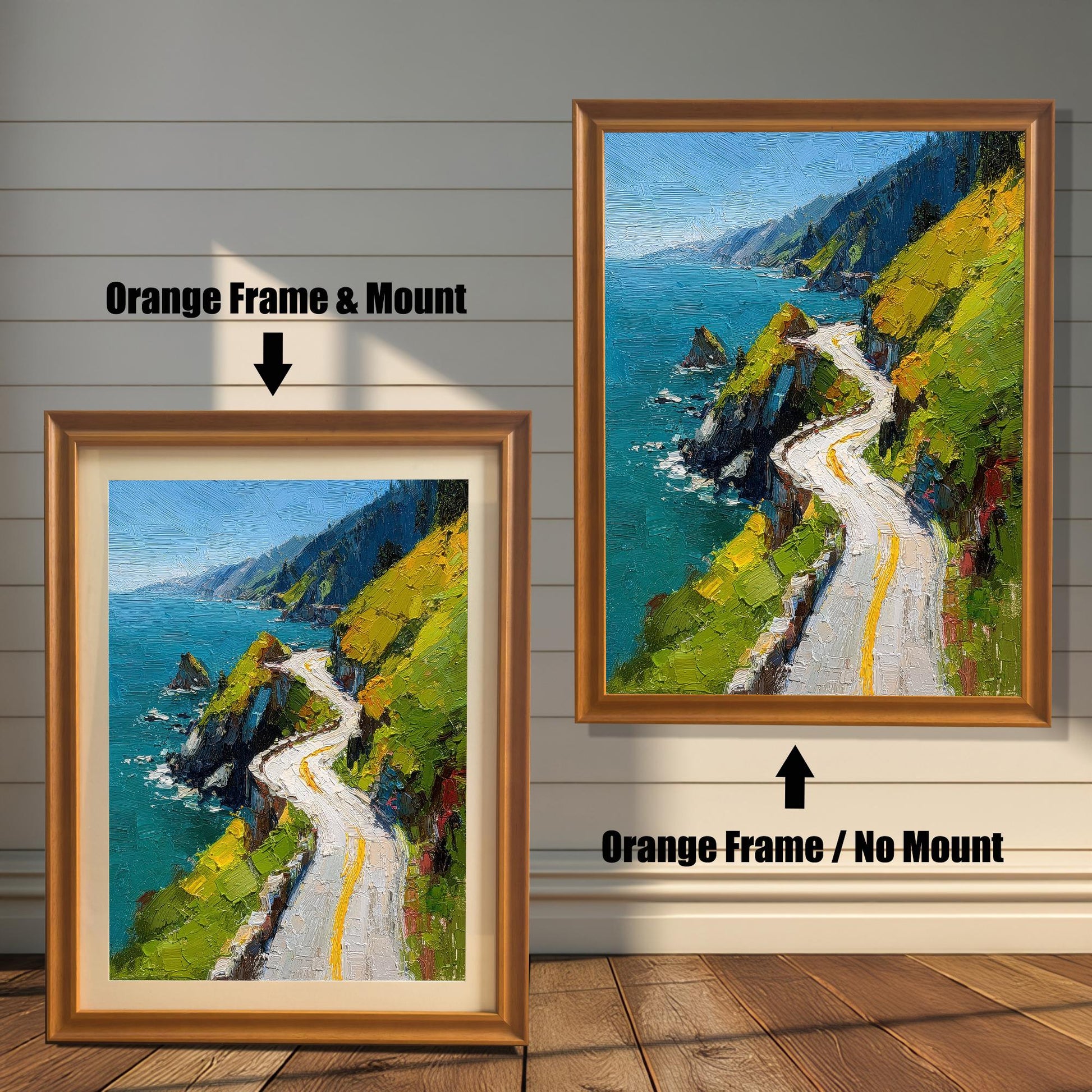 Two examples of the coastal road art print on a shiplap wall. The left print shows an Orange Frame & Mount (matting). The right print shows an Orange Frame / No Mount.