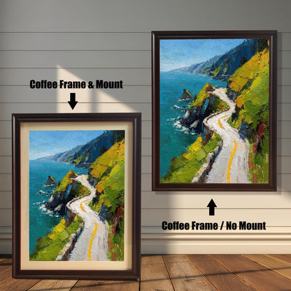 Two examples of the coastal road art print on a shiplap wall. The left print shows a Coffee Frame & Mount (dark brown frame with cream-colored matting). The right print shows a Coffee Frame / No Mount.