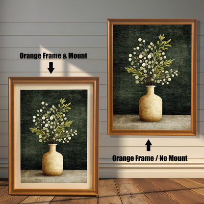 Comparison image showing the art print in an Orange Frame. On the left: ""Orange Frame & Mount"" (with a white border/mat). On the right: ""Orange Frame / No Mount"" (without a border/mat).