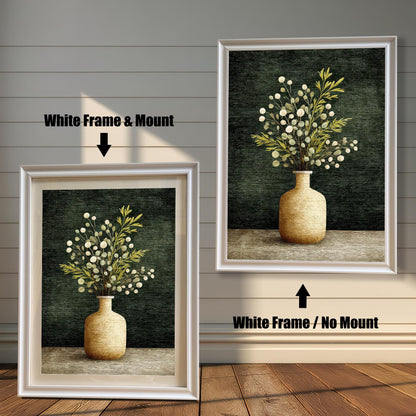 Comparison image showing the art print in a White Frame. On the left: ""White Frame & Mount"" (with a white border/mat). On the right: ""White Frame / No Mount"" (without a border/mat).