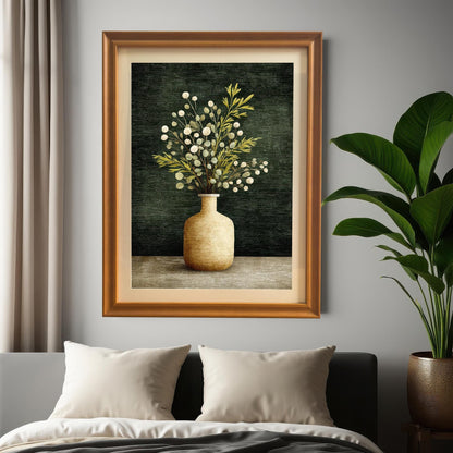 A framed art print of a vase with green and white foliage, displayed above a bed with cream pillows and gray bedding. The frame is Orange/Brown wood. A large green houseplant is visible on the right.