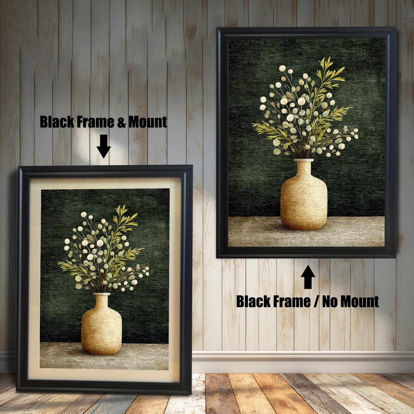 Comparison image showing the art print in a Black Frame. On the left: ""Black Frame & Mount"" (with a white border/mat). On the right: ""Black Frame / No Mount"" (without a border/mat).